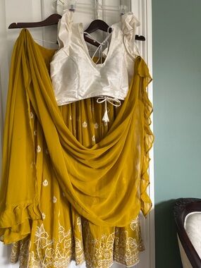 Mustard Yellow Embroidered Lehenga with Ivory Blouse and Dupetta Large size